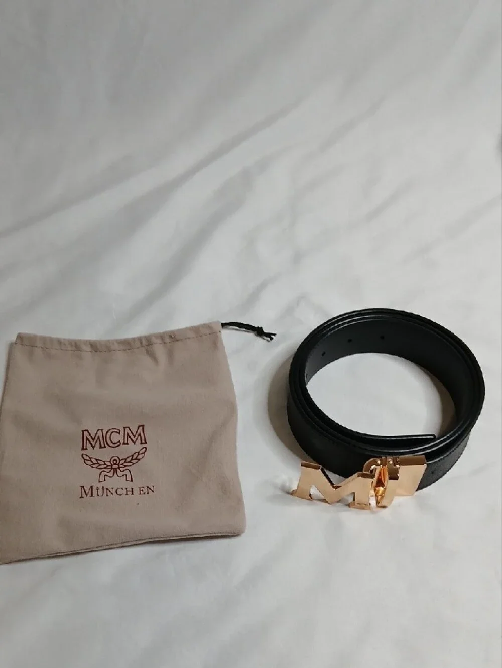 MCM Black Leather Belt with Gold M Buckle